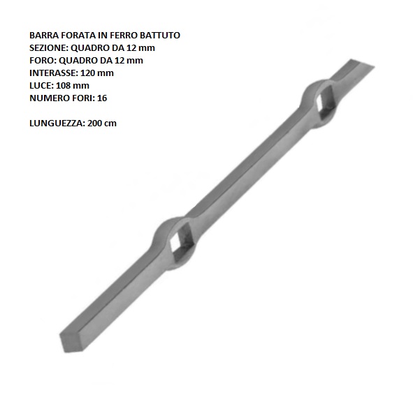 Barra forata 1360/7 in ferro battuto sezione quadro 12 lunghezza 200 cm