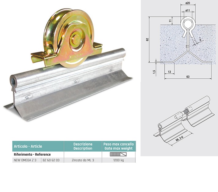Guida NEWOMEGAZ3 per scorrevole a pavimento di lunghezza 3 metri per ruote a gola tonda o semitonda