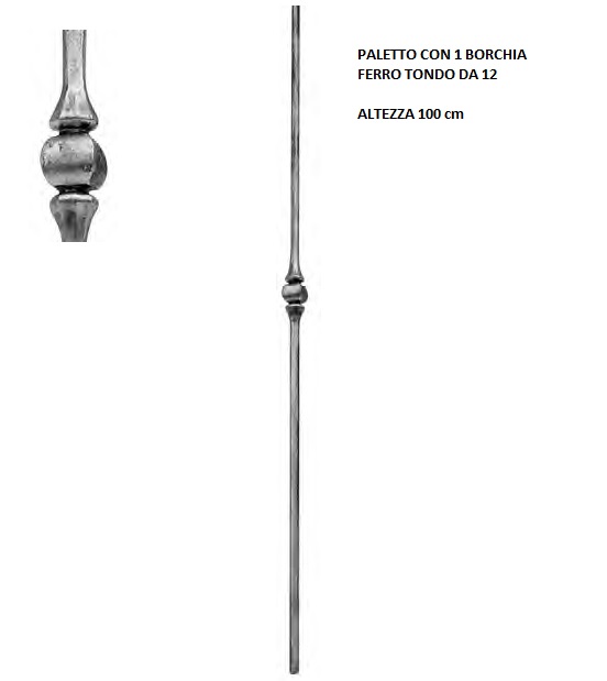 Paletto in ferro battuto 1769/1 in tondo da 12 mm con 1 borchia altezza 100 cm