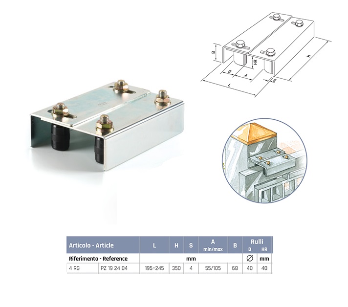 Piastra 4RQ con rulli guida grande regolabile per cancelli scorrevoli