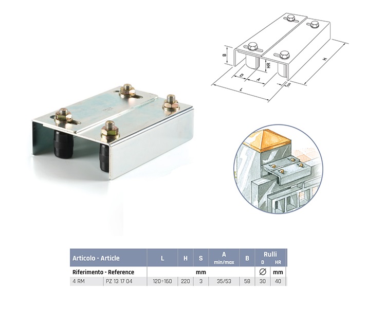 Piastra 4RM con rulli guida media regolabile per cancelli scorrevoli