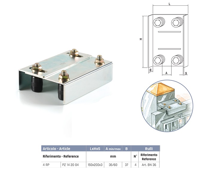 Piastra 4RP con rulli guida piccola regolabile per cancelli scorrevoli