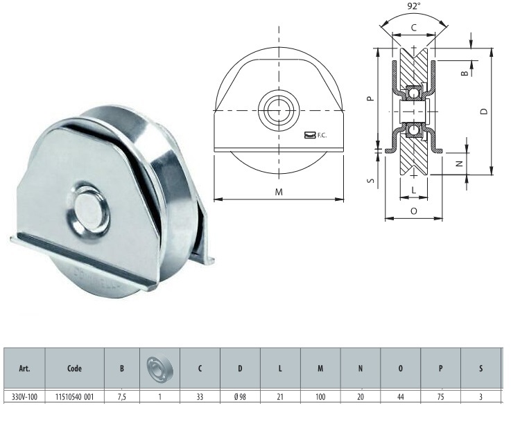Ruote gola v 330V-100 con 1 cuscinetto diametro 100 mm con supporto larghezza ruota 21 mm