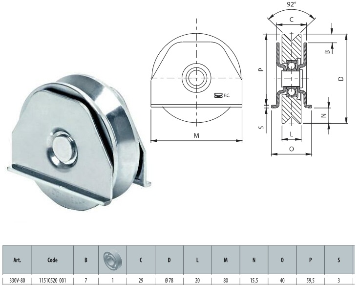 Ruote gola v 330V-80 con 1 cuscinetto diametro 80 mm con supporto