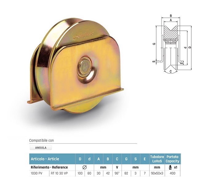 Ruote gola v 1030PV con 2 cuscinetti diametro 100 mm con supportoO