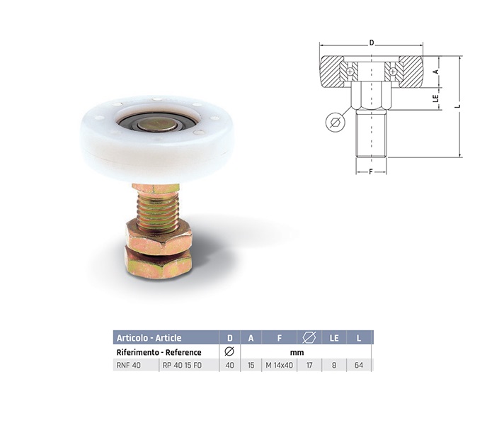 Ruote in naylon RNF40 piccole con cuscinetto e perno filettato