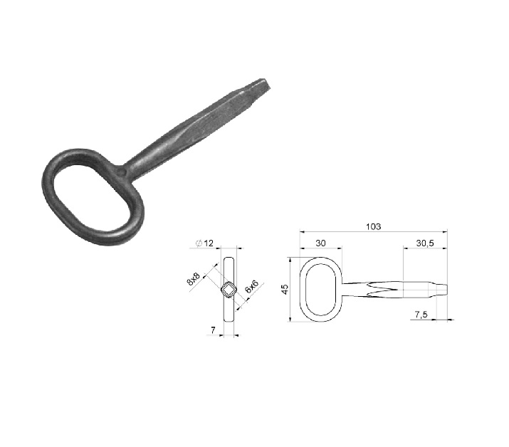 Chiave 233 per chiavistello a scatto quadrata da mm 8